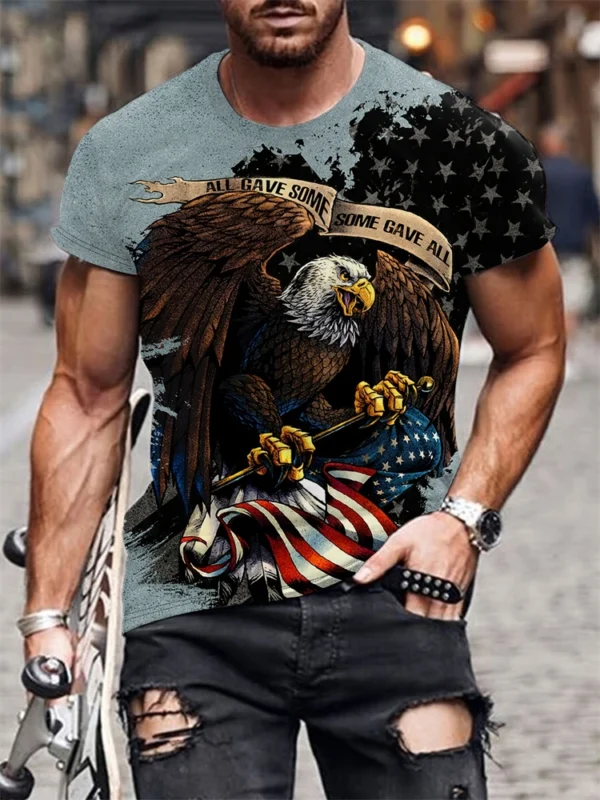 Urban Street Outdoor Casual Fashion Men's Short Sleeve T-Shirt Eagle Printed Daily Comfort Men's Short Sleeve Round Neck Top - Image 3