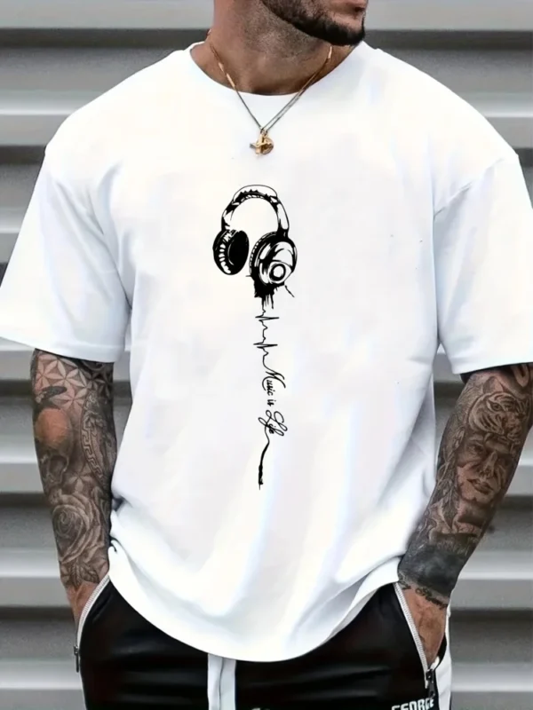 Summer Daily Casual Men's T-shirt Urban Street Men's Fashion Short-sleeved 3D Earphone Print Men's Loose And Comfortable Top