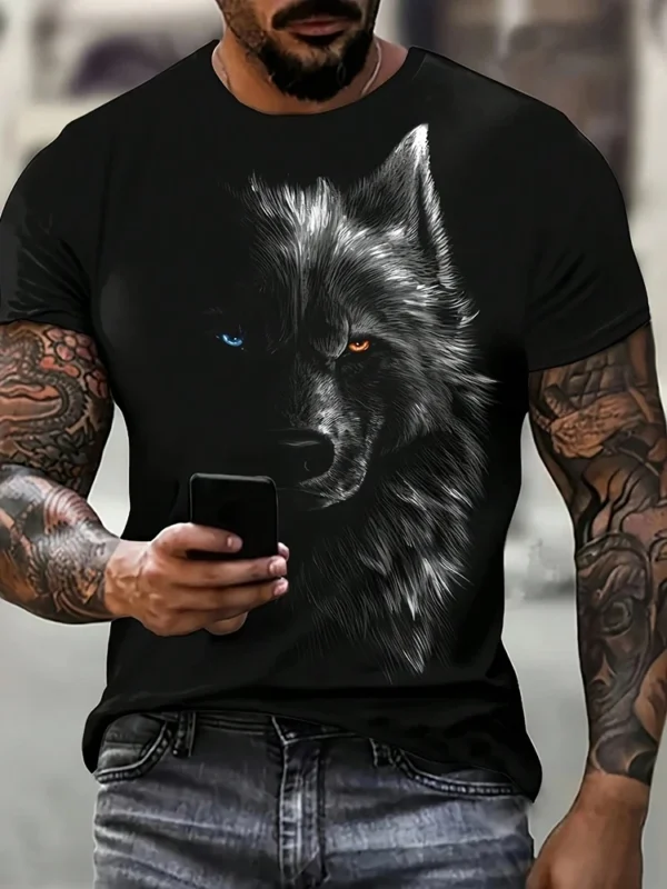 2025 Cool Wolf Print Men's T-shirt Summer Daily Casual T-shirt Urban Street Fashion Short-sleeved Top Outdoor Camping T-shirt - Image 3