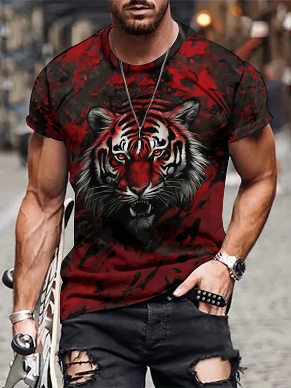 2025 Tiger Print Men's T-shirt Summer Street Fashion Men's Top Outdoor Daily Sports Men's Short Sleeve Urban Casual Men's Top - Image 3
