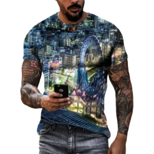 Summer Men's Prosperous Urban T-shirt Fashion High-rise Night View Aerial Tops Urban Street Scenery Leisure Personality Tees