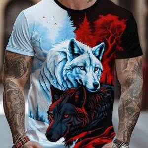 2025 Cool Wolf Print Men's T-shirt Summer Daily Casual T-shirt Urban Street Fashion Short-sleeved Top Outdoor Camping T-shirt