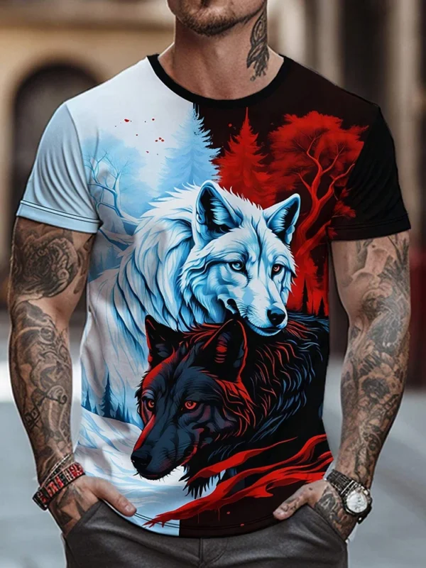 2025 Cool Wolf Print Men's T-shirt Summer Daily Casual T-shirt Urban Street Fashion Short-sleeved Top Outdoor Camping T-shirt