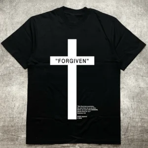 Men's Black Crew - Neck Short - Sleeve Cotton T - Shirt (200g) with Religious "Forgiven" Theme Heat - Transfer Print