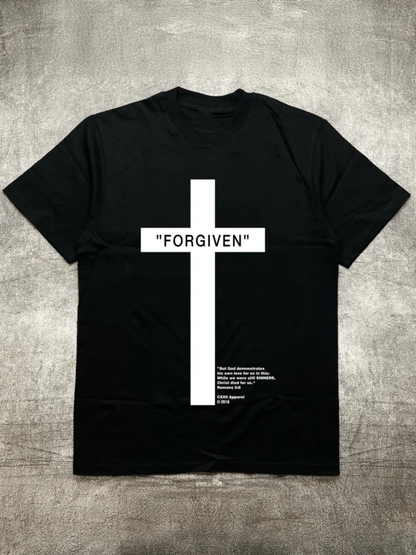 Men's Black Crew - Neck Short - Sleeve Cotton T - Shirt (200g) with Religious "Forgiven" Theme Heat - Transfer Print