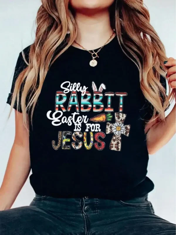 Women Silly Rabbit Easter Is For Jesus Shirt Christian Easter Shirts Easter Bunny Tee Happy Easter Day T-Shirt Top Print Crew Ne