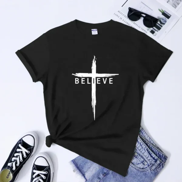 Christian Cross T-Shirt for Women - Inspirational Jesus Christ Tee, Faith Verse Graphic Top, Religious Apparel