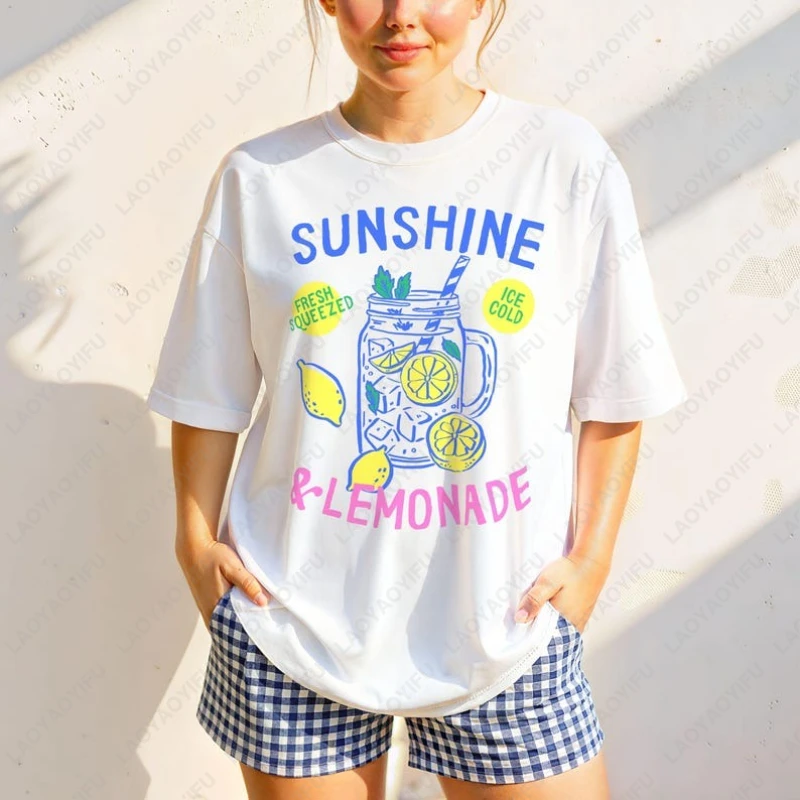Women Men Summer Lemonade Shirt Lemon Graphic Vacation Aesthetic TShirt Cute Citrus Fruit Beach Cute Regular Short Sleeve Gift