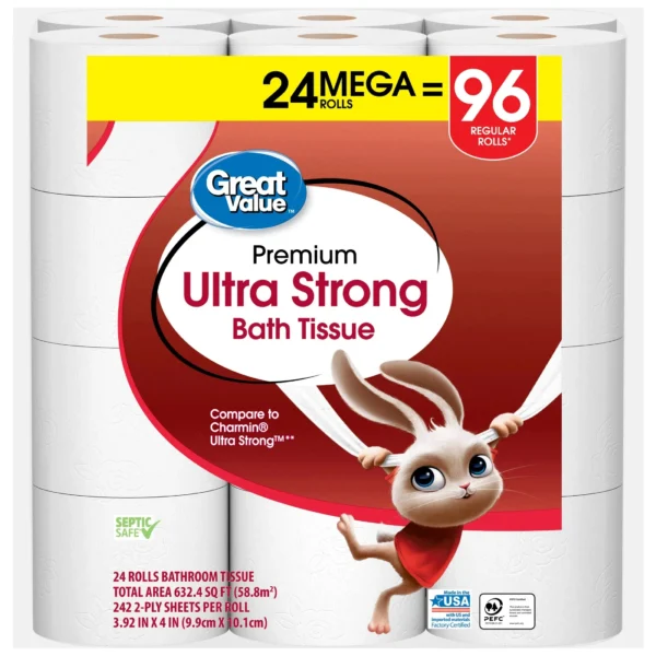 2025 NEW Great Value Ultra Strong 2-Ply Toilet Paper, 24 Mega Rolls Each roll has 242 sheets of 2-ply bath tissue - Image 2