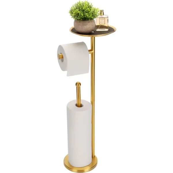 Freestanding Gold Toilet Paper Stand with Storage Tray and Space for 4 Extra Rolls