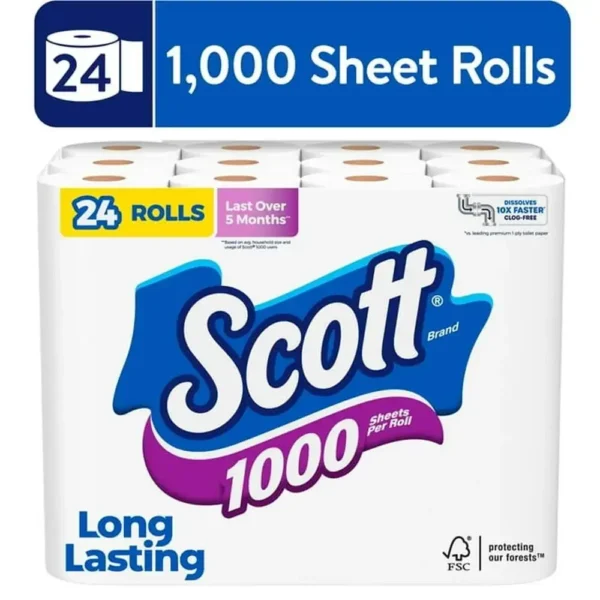 Scott 1000 1-Ply Toilet Paper 24 Rolls Clog-Free Dissolving Septic Safe 24000 Sheets Reliable Performance Sustainable Fiber
