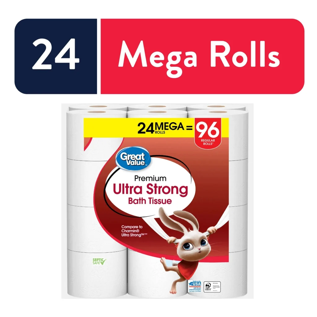 2025 NEW Great Value Ultra Strong 2-Ply Toilet Paper, 24 Mega Rolls Each roll has 242 sheets of 2-ply bath tissue