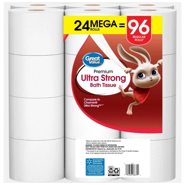 2025 NEW Great Value Ultra Strong 2-Ply Toilet Paper, 24 Mega Rolls Each roll has 242 sheets of 2-ply bath tissue - Image 3