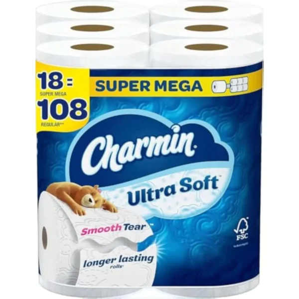 Charmin Ultra Soft Super Mega Toilet Paper, 2-Ply, White, 366 Sheets/Roll, 6 Rolls/Pack, 3 Packs/Carton (01568)