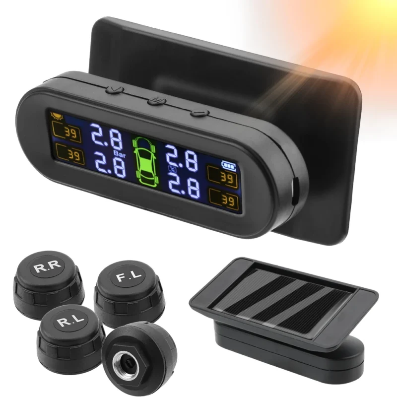 Car Tyre Pressure Monitor Solar TPMS Temperature Warning Fuel Save With 4 External Sensors