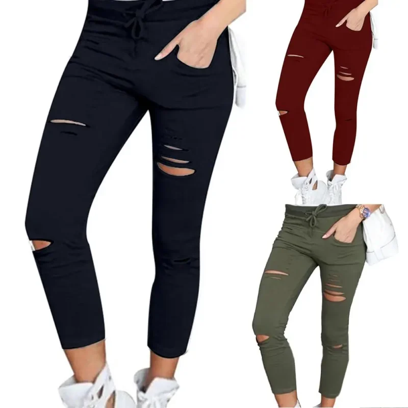 Plus Size Solid Color Womens trousers Drawstring High Waist Pencil Pants Ripped Skinny Womens trousers sports pants Leggings