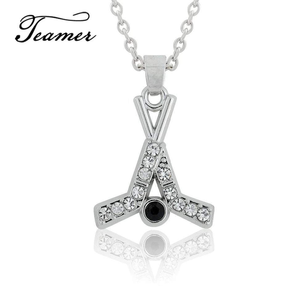 Teamer Clear Crystal Hockey Stick Pendant Necklace for Woman Men Adjustable Chain Fashion Sport Charms Silver Color Jewelry Gift - Image 2