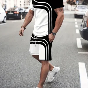 kf-S039b2f55493d4e7588319e65d9981de1K-2024-New-Summer-Men-s-Suit-Outdoor-Sports-Running-Shorts-Street-Fashion-Casual-Loose-Comfortable-T 2024 New Summer Men's Suit Outdoor Sports Running Shorts Street Fashion Casual Loose Comfortable T-Shirt Line and Star Print