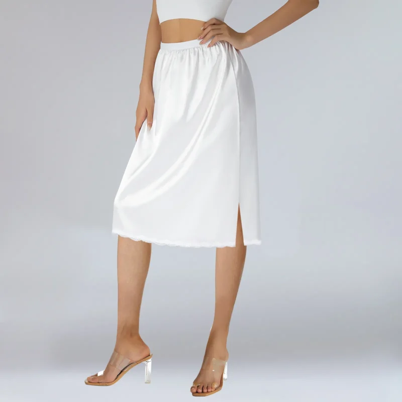 Women's Solid Color Skirts Elastic Waist Satin Underskirt Lace Trim Skirt for Under Dresses Black/White