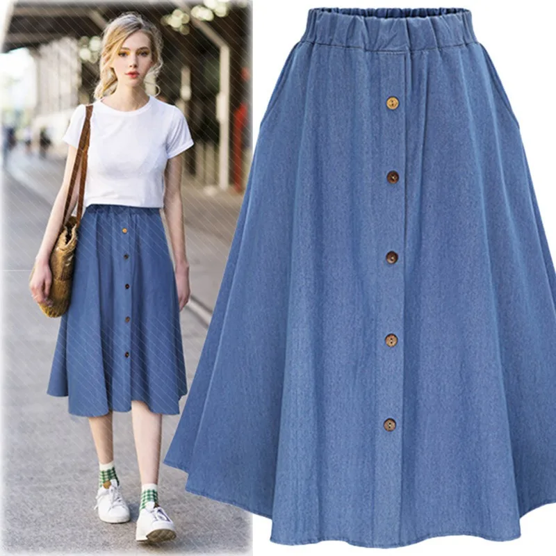 Women's Denim Jean Skirt High Waist Button Pleated Midi Skirt With Elastic Waist Knee Length Summer Dress