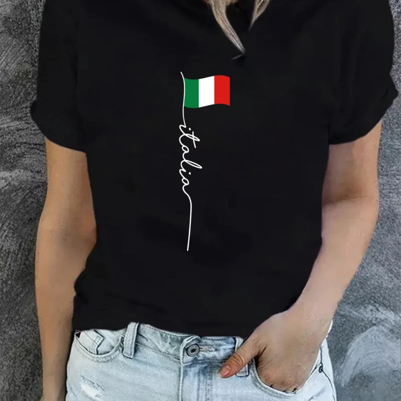 Italian flag print creative design women's T-shirt top summer round neck short sleeved fashionable graphic t shirt