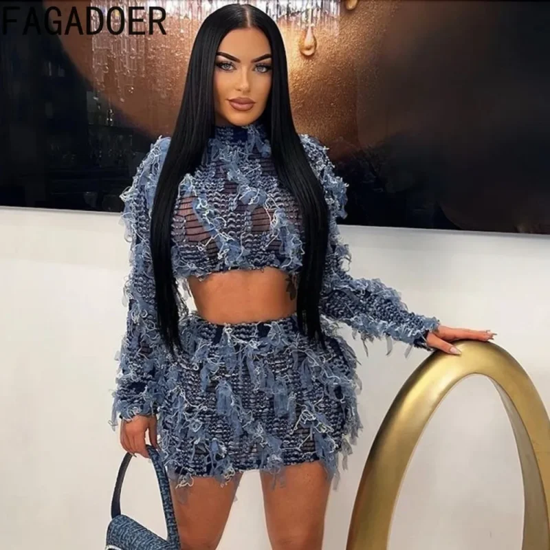 Fashion Streetwear Women Perspective Tassels Round Neck Long Sleeve Crop Top And Mini Skirts Two Piece Sets Outfit 2024