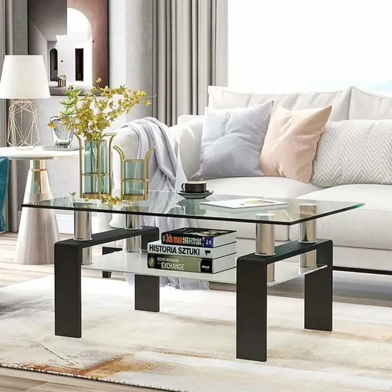 Rectangle Glass Coffee Table 2-Tier Tea Table Modern Side Coffee Table for Living Room