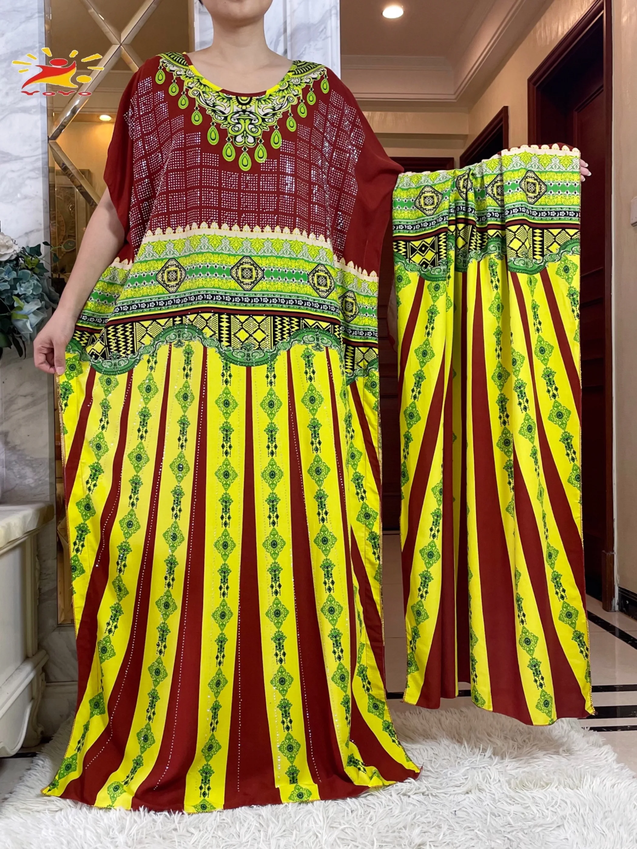 2024 Summer African Short Sleeve 100% Cotton Dress With Big Scarf Loose Printing Floral Maxi Islam Women Diamonds Abaya Clothes - Image 5