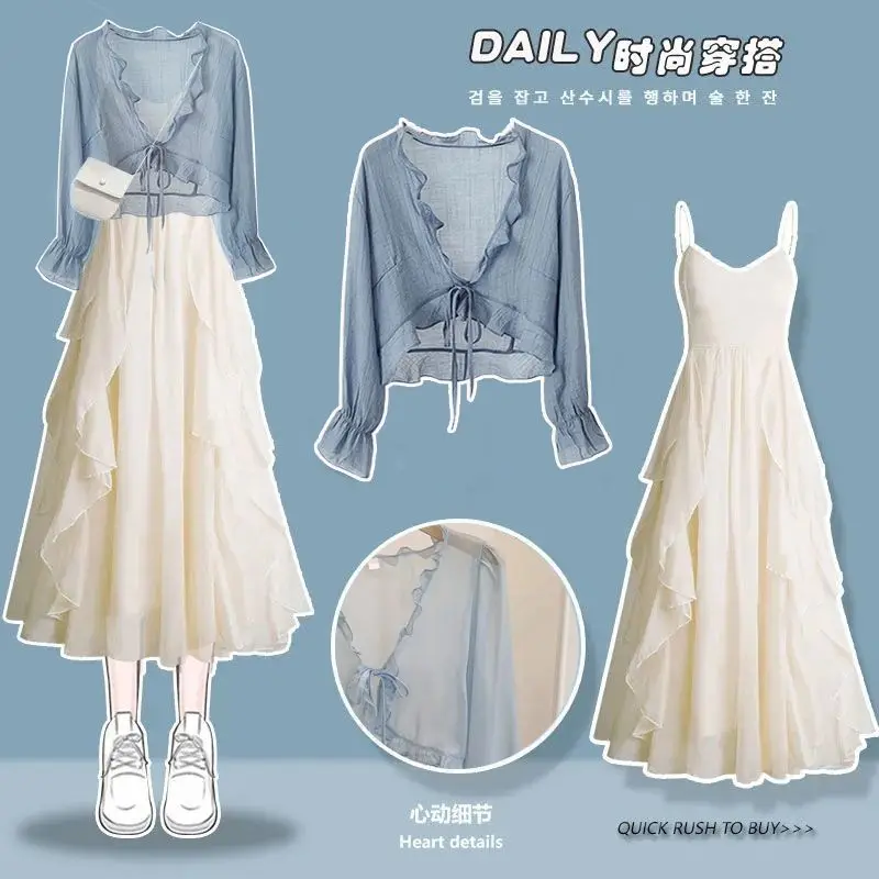 Two Piece Dress Set Women Sunscreen Top+Strap Dress Set Female Casual Fashion Dress Suit Plus Size 4XL