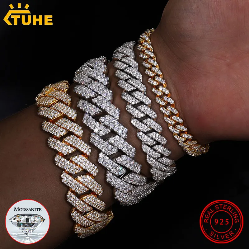 Fine Jewelry VVS1 D Color Moissanite Cuban Chain Bracelet For Men Luxury S925 Silver Bracelet For Men Hip Hop Jewelry