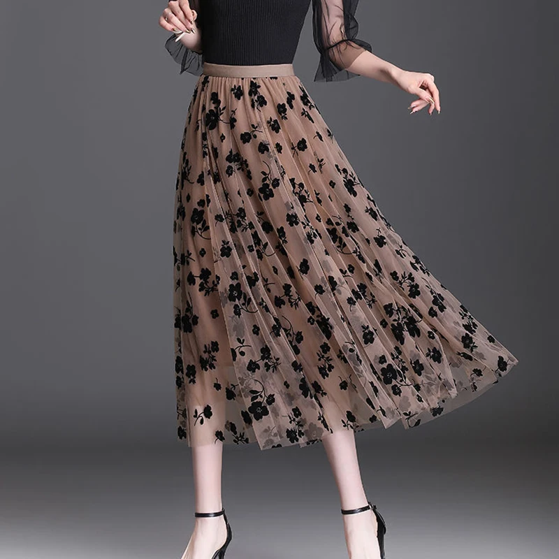 Korean Women Tulle Skirt Fashion Summer Hook Floral Loose Midi Skirt Elegant Female Casual All Match Mesh Skirts New
