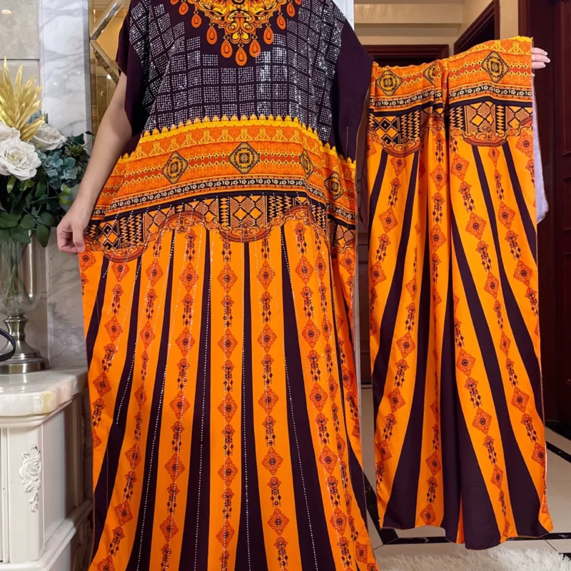 kf-S3a34e065f639490980358fc4584f9c9bV-2024-Summer-African-Short-Sleeve-100-Cotton-Dress-With-Big-Scarf-Loose-Printing-Floral-Maxi-Islam 2024 Summer African Short Sleeve 100% Cotton Dress With Big Scarf Loose Printing Floral Maxi Islam Women Diamonds Abaya Clothes