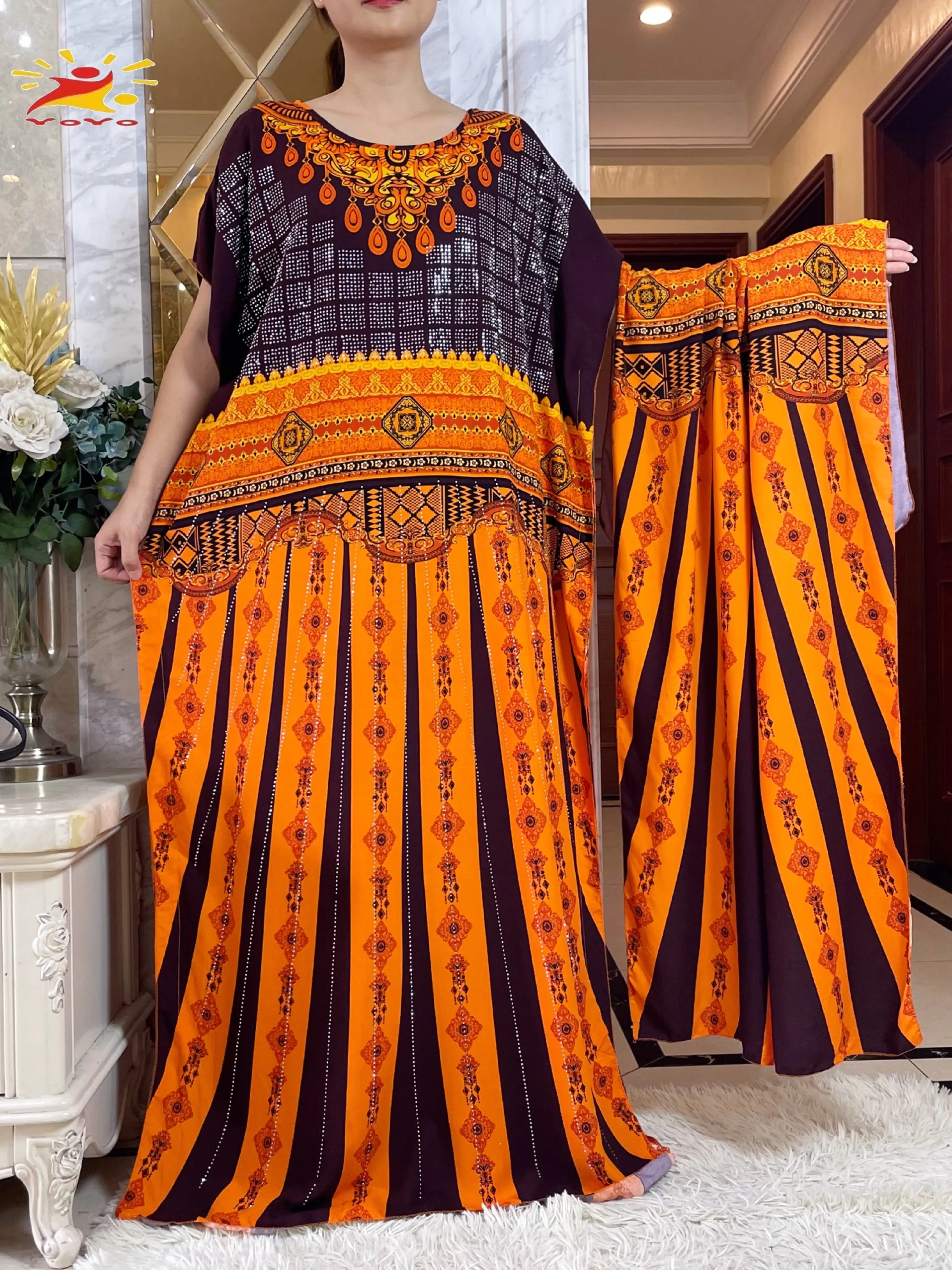 2024 Summer African Short Sleeve 100% Cotton Dress With Big Scarf Loose Printing Floral Maxi Islam Women Diamonds Abaya Clothes