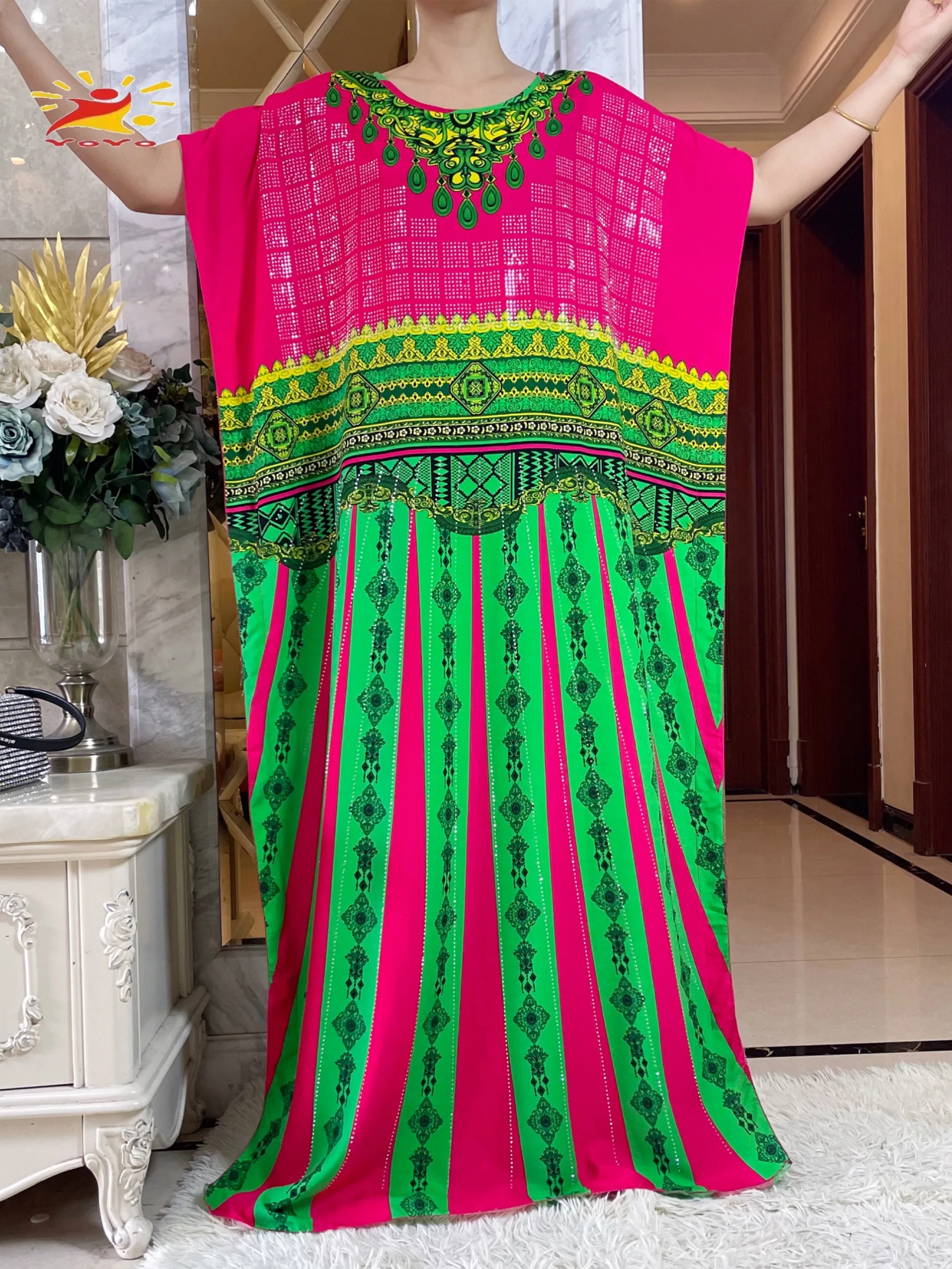 2024 Summer African Short Sleeve 100% Cotton Dress With Big Scarf Loose Printing Floral Maxi Islam Women Diamonds Abaya Clothes - Image 3
