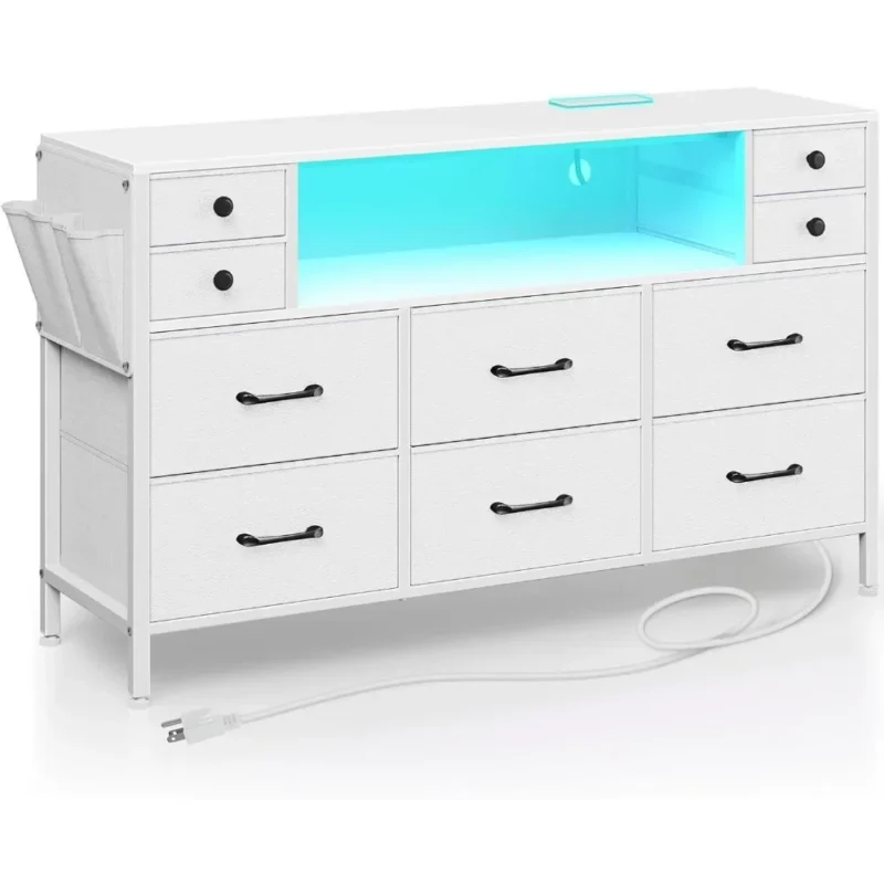 10 Drawers Dresser With Side Pocket Dressing Table Fabric Chest of Drawers With PU Finish Dressers for Bedroom Furniture White