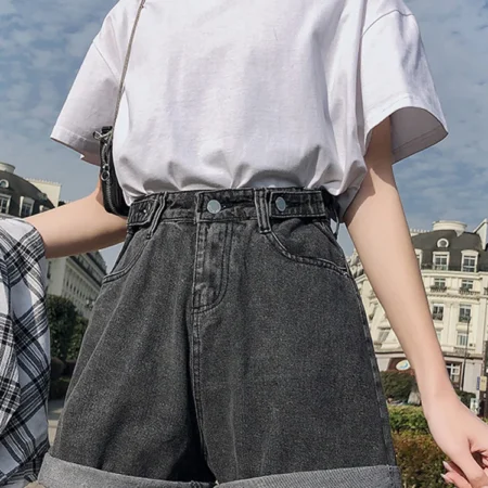 Summer Women High Waist Button Wigh Leg Jeans Shorts Casual Female Loose Fit Blue Denim Shorts