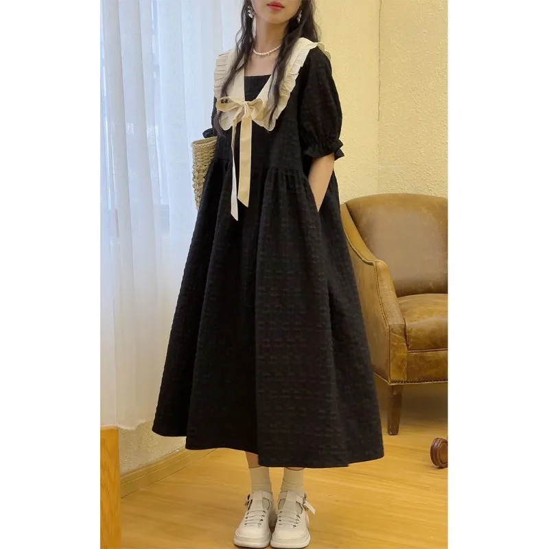 Summer College Style Sweet Cute Doll Collar Women Dress Casual Loose A-line Puff Sleeve Black Long Dresses for Girls Stuednts - Image 4