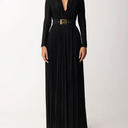 Bonboho Women Evening Dresses V-neck Long Sleeve Pleated Dress Solid Color High Waisted Belted Wrap Dress for Ladies Party Dress