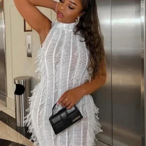 See Through Women Dress Tassel Patchwork Sleeveless Skinny Stretch Midnight Sexy Party Clubwear Maxi Bodycon Vestidos