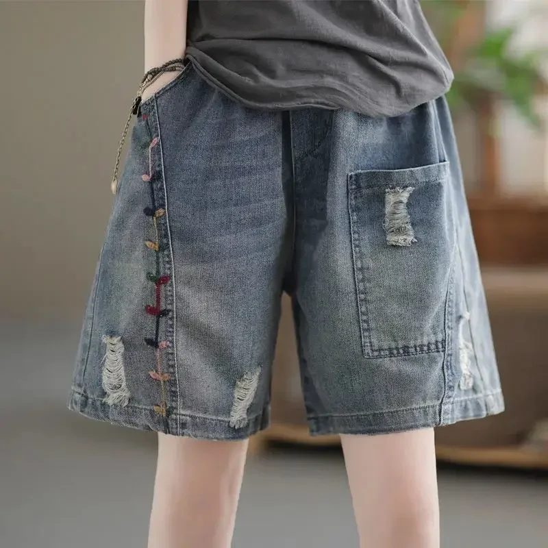 Ripped Denim Shorts Women's Shorty Hot Pants Female Clothing Korean Style Baggy Shorts Jeans Mom Short Vintage Pant High Waist