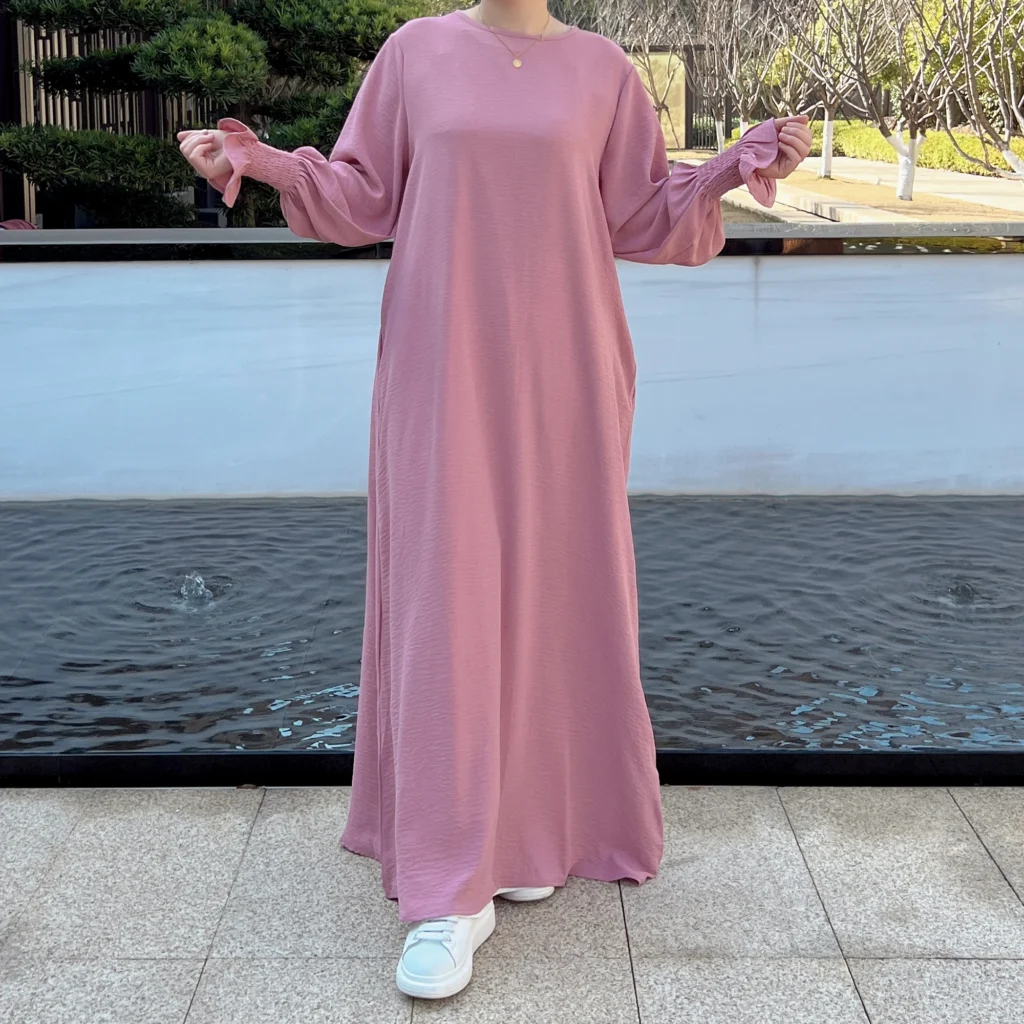 Under Abaya Inner Long Slip Dress Solid Color Smocked Cuffs Islamic Clothing Muslim Woman Casual Dubai Turk Modest Hijabi Robe