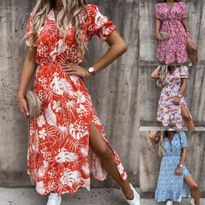 kf-S691331c14cfe4e82b856d7a3861cb6e8K-Summer-Floral-Print-Dress-Women-V-Neck-Side-Slit-Long-Dress-Elegant-Short-Sleeve-Button-Slim Summer Floral Print Dress Women V Neck Side Slit Long Dress Elegant Short Sleeve Button Slim Spring Female Party Dress Vestidos