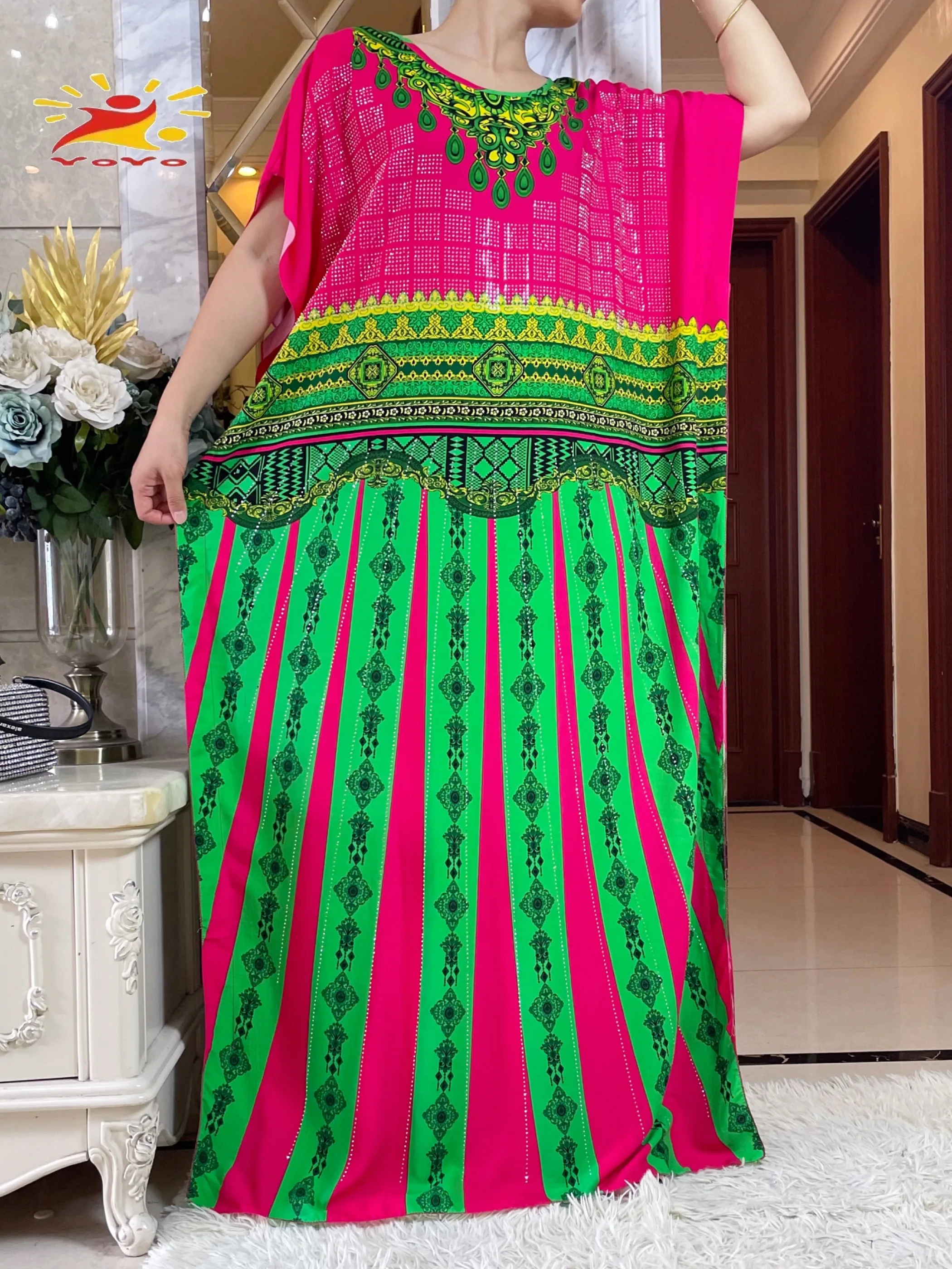 2024 Summer African Short Sleeve 100% Cotton Dress With Big Scarf Loose Printing Floral Maxi Islam Women Diamonds Abaya Clothes - Image 6