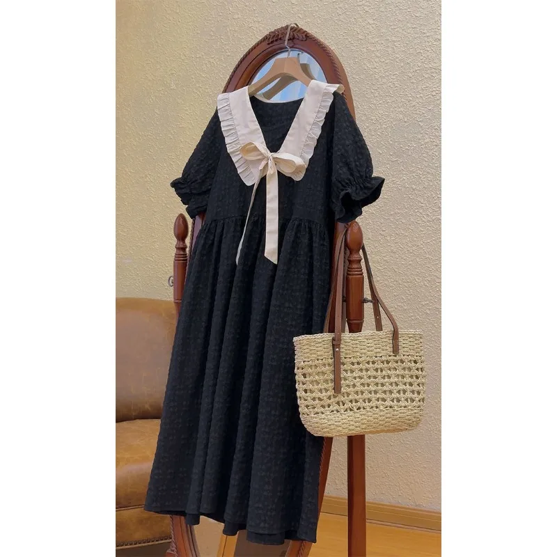 Summer College Style Sweet Cute Doll Collar Women Dress Casual Loose A-line Puff Sleeve Black Long Dresses for Girls Stuednts - Image 2
