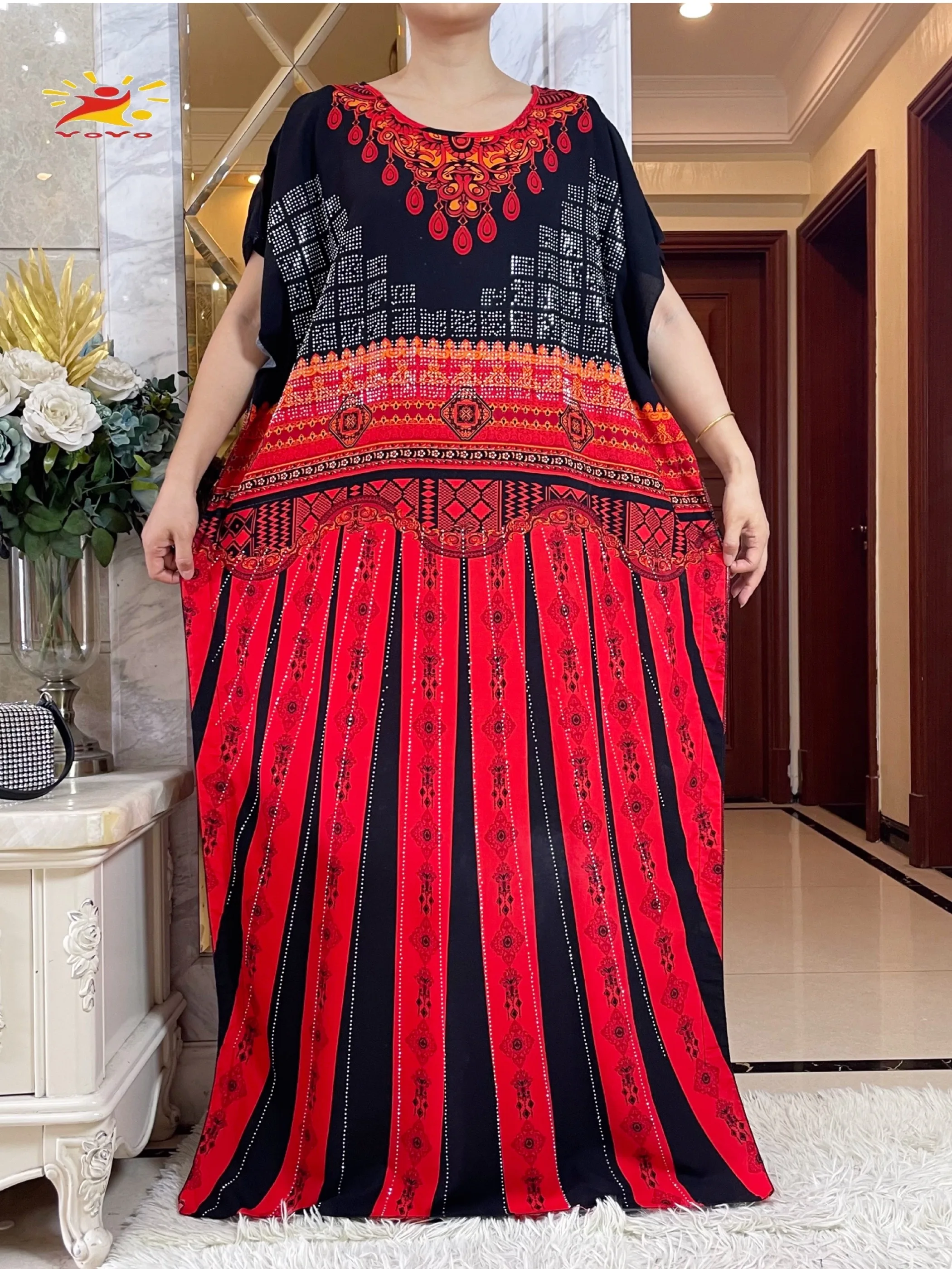 2024 Summer African Short Sleeve 100% Cotton Dress With Big Scarf Loose Printing Floral Maxi Islam Women Diamonds Abaya Clothes - Image 4