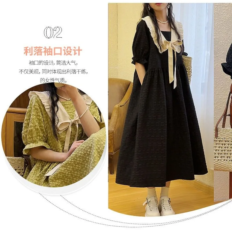 Summer College Style Sweet Cute Doll Collar Women Dress Casual Loose A-line Puff Sleeve Black Long Dresses for Girls Stuednts - Image 6