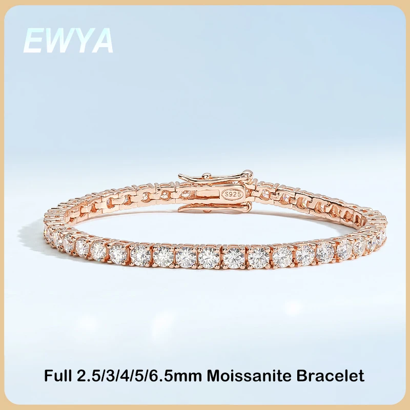 EWYA Real D Color Full 2/2.5/3/4/5/6.5mm Moissanite Tennis Bracelet For Women S925 Plated 18K Rose Gold Diamond Link Bracelets