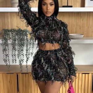 Elastic Patchwork Women 2Piece Set See Through Tassel Thin Crop Tops+Slim Fit Skirt Matching Party Club Matching Suit