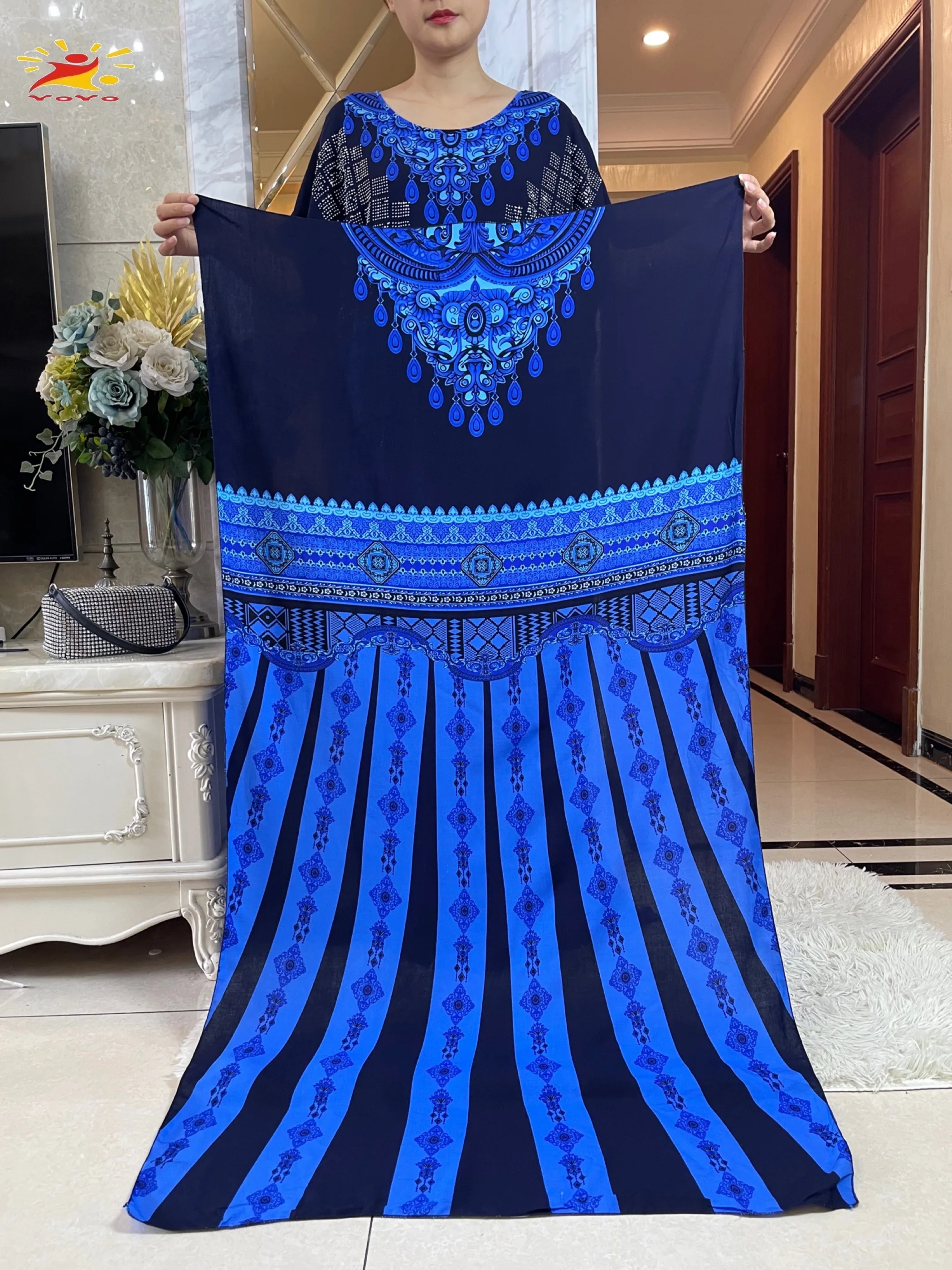 2024 Summer African Short Sleeve 100% Cotton Dress With Big Scarf Loose Printing Floral Maxi Islam Women Diamonds Abaya Clothes - Image 2