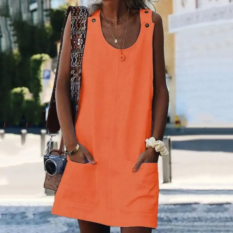 Sleeveless Casual Mini Dress Solid Color Women Beach Pocket Button Sundress